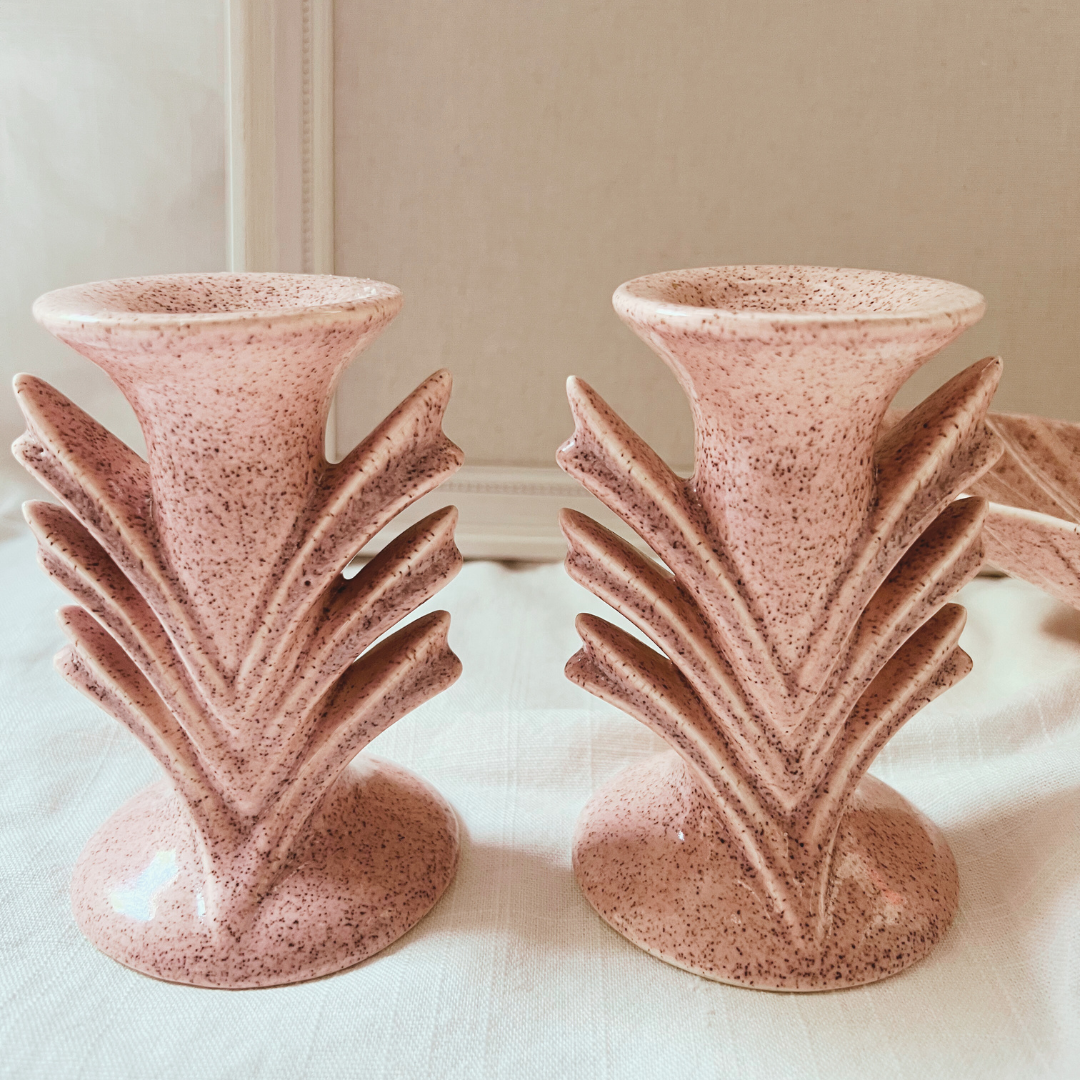 Vintage RED WING Art Pottery PAIR Candlesticks w/ Matching Console Bowl